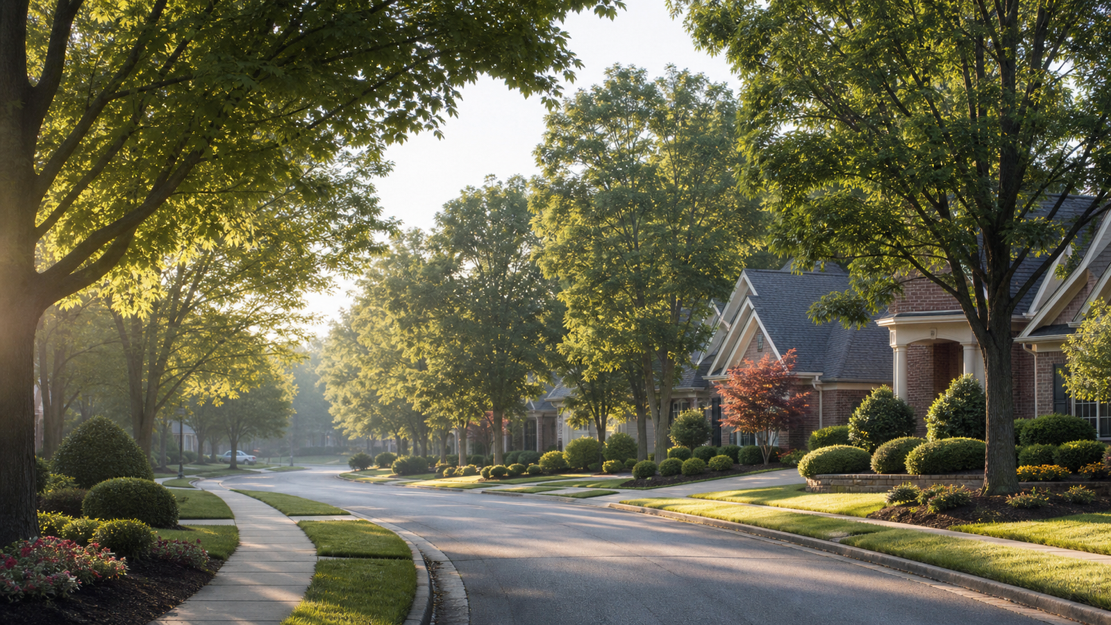 Tree-lined residential street with well-kept homes and landscaping